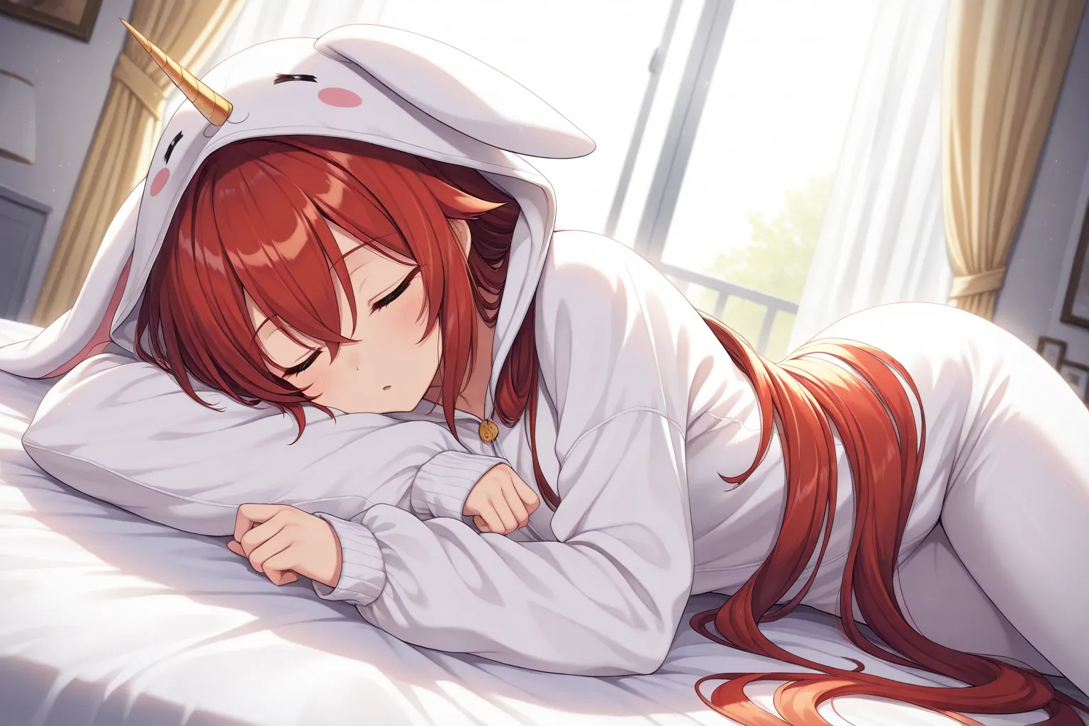 1 girl, golden eyes, red hair, very long hair, hair between eyes, beautiful, cool, closed eyes, sleeping, solo, groggy, wearing a unicorn onesies plush suit, hood on the head, lying in bed, modern bedroom, window, light leaks, curtains, (masterpiece), (hig...