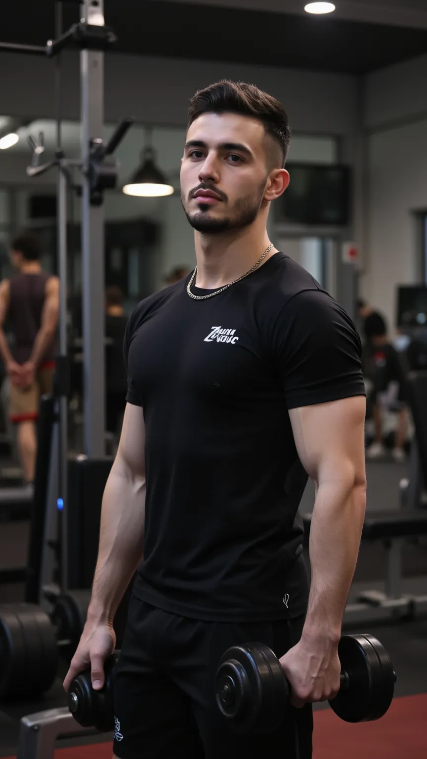 a handsome young turkish guy with muscle, dark very short hair fade and goatee beard middle long he wearing a black tshirt and a black short and a thin gold chain he train in gym his biceps with dumbbell amateur photo random picture location is germany he ...