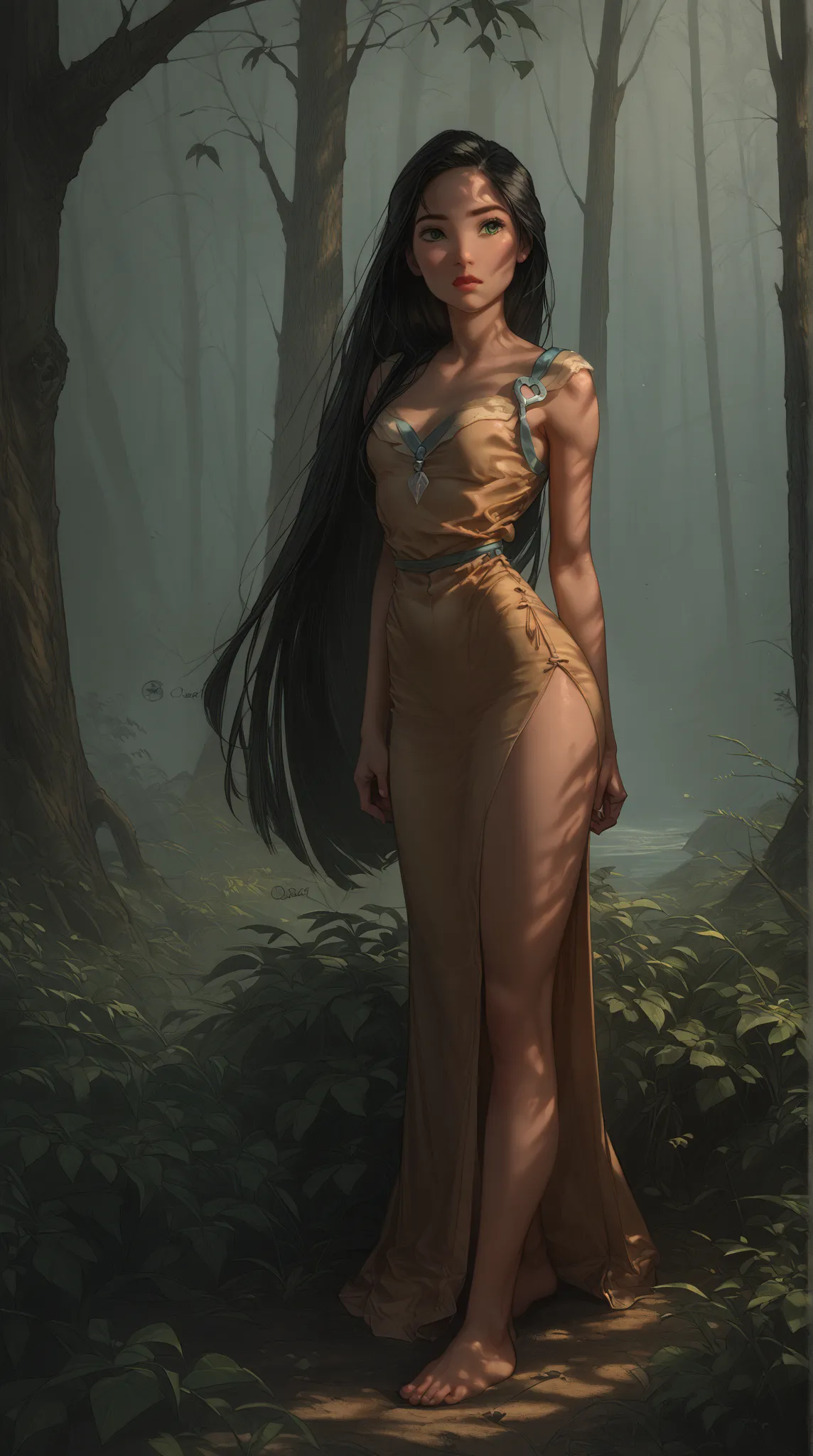 Drawing style with simple freehand pencil shading . Young woman with black hair, 20 years,  skinny,  not tall ,  green eyes, . very wide hips . Sexy Slit Chinese dress sexy stockings. Pocahontas. Forest background. Sexy posing. Lifting up skirt 