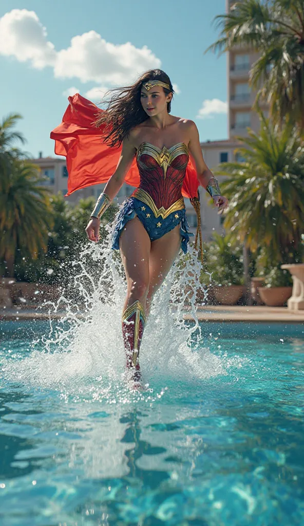 Wonder woman fall on water and marvel Supergirl playing with water at sweeming pool, very exited, realistic 