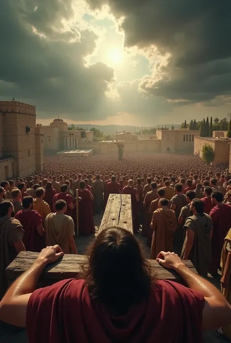 A highly detailed, ultra-realistic first-person perspective (POV) of Jesus on the cross, looking down at the crowd gathered below. The viewer’s arms are stretched out, hands nailed to rough wooden beams. The sky is dark and stormy, with ominous clouds swir...