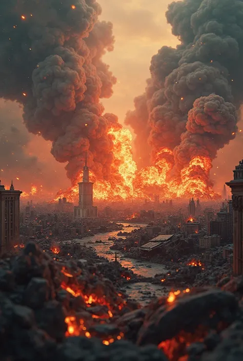 An 8K UHD ultrarrealistic image of a chaotic world with wars, natural disasters, and social unrest, symbolizing the signs of the end times. The scene is vibrant and dramatic, with detailed textures of the destruction and the glowing fire. The background is...