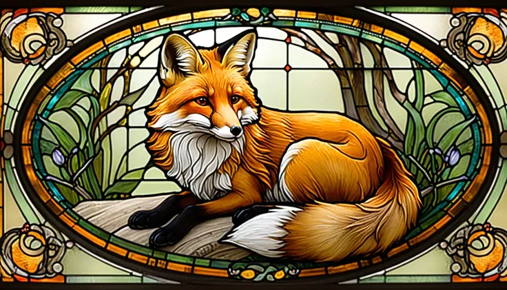 ステンドグラスの窓に描かれたFoxの絵のクローズアップ,  An Elaborate Painting by Daniel Schultz  ,  shutterstock, art nouveau, 霊妙なFox, 気まぐれなFox, Stained Glass Art,  beautiful fox lady ,  stained glass style, Red fox, ファンタジーFoxの愛,  擬人化されたFox ,  guitar concept art ,  型のFoxです-外見のようです ...