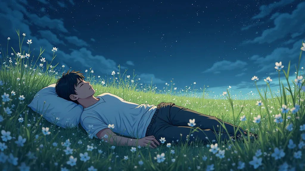 best quality，masterpiece，Ultra-high resolution, (Reality:1.4), RAW photos，Peace，A Man Sleeping, There is spring all around night ，A field full of，Style similar to Sword Art Online