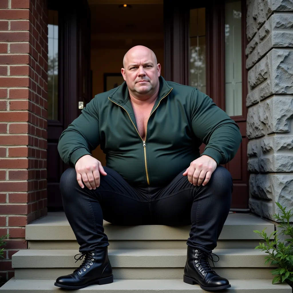 The image is a photograph depicting a skinhead man with an extremely large muscular physique, showcasing extremely huge exaggerated muscles, especially in his arms, chest and legs sitting on concrete steps leading to a dark wooden door with glass panels. T...