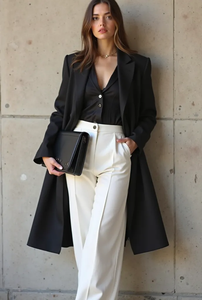 araffe woman in white pants and black jacket standing in front of a wall, a picture by Myra Landau, tumblr, renaissance, wearing an elegant outfit, elegant girl in urban outfit, high fashion classy, wearing fashion suit, wearing elegant casual clothes, ele...