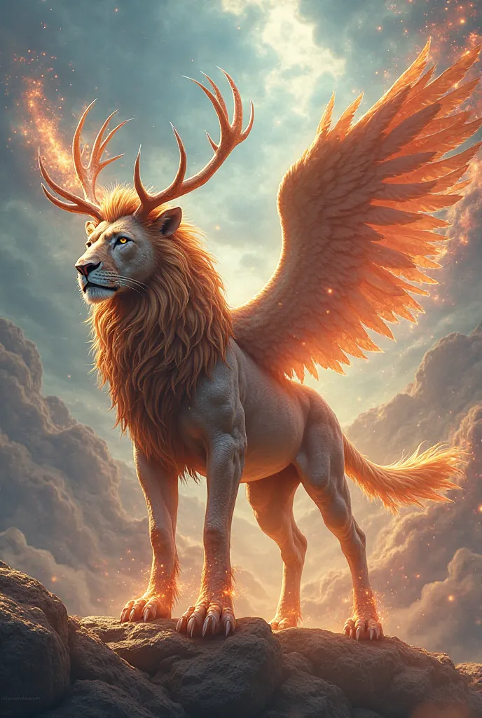 Create an image lion head with deer horn, drogan body, phoenix tail, angel wings, eagle hand, horse leg,

