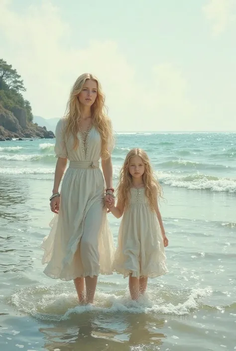 The sea is knee-deep for the sailor's wife, who has a daughter, both with blond hair