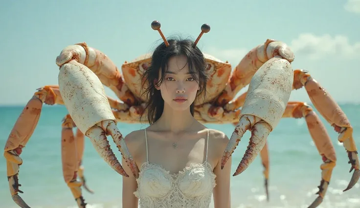 a seamless fusion of the Japanese woman and the two giant white crabs. The humanoid animal retains the woman’s grace but has features inspired by the crabs, including delicate claw-like extensions on the arms and a slightly enhanced exoskeleton texture. He...