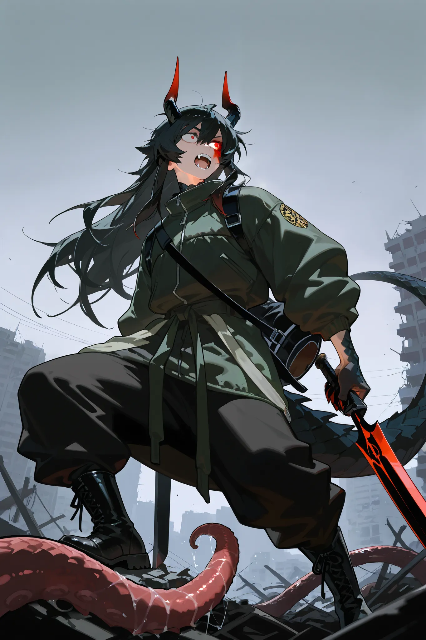  1 man , black hair, slightly long hair,  odd-eye, The left pupil with a red vertical pupil, Black right pupil, black dragon scales covering half of the left face, sharp fangs, Black dragon horn on top of left head, dark green puffy jacket, black puffy lon...