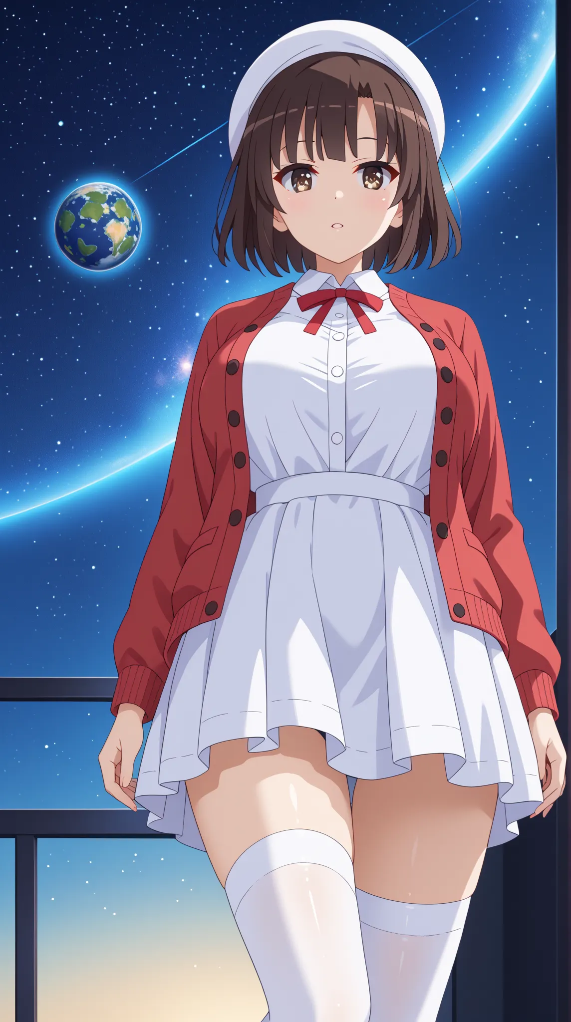 (UHD, retina, masterpiece, accurate, anatomically correct, super detail, high details,   highres, 1080P, 16k、high detail RAW color art:1.3)、 (megumi katou:1.3)、(short hair、brown hair, brown eyes:1.3)、(very gigantic breasts:1.5)、(shiny skin:1.3)、(jacket, lo...