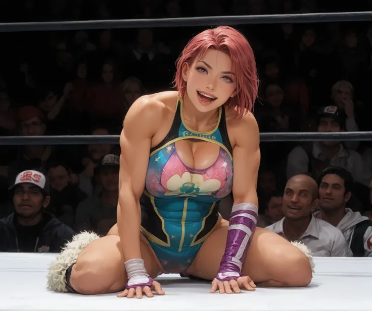 ((( Japanese)))、((( female pro wrestler)))、((( Hair)))、( short hair)、( pro wrestling costume )、(((((squats)))))、((((( show your crotch )))))、(((put your hands on your knees)))、(((clothing))),(((( super huge ,  abnormally swollen breasts  ))))、(((HYPER Brea...