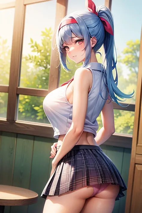 



  Big Breasts,  blue hair,   skirt visible , Pleated Uniforms with Light Blue Plaid Super Mini Skirts,  Gal High School Girl   ,  The light pink top is a sleeveless polo shirt,  underwear came out   ,  straight downward angle,shy face , embarrassing, P...