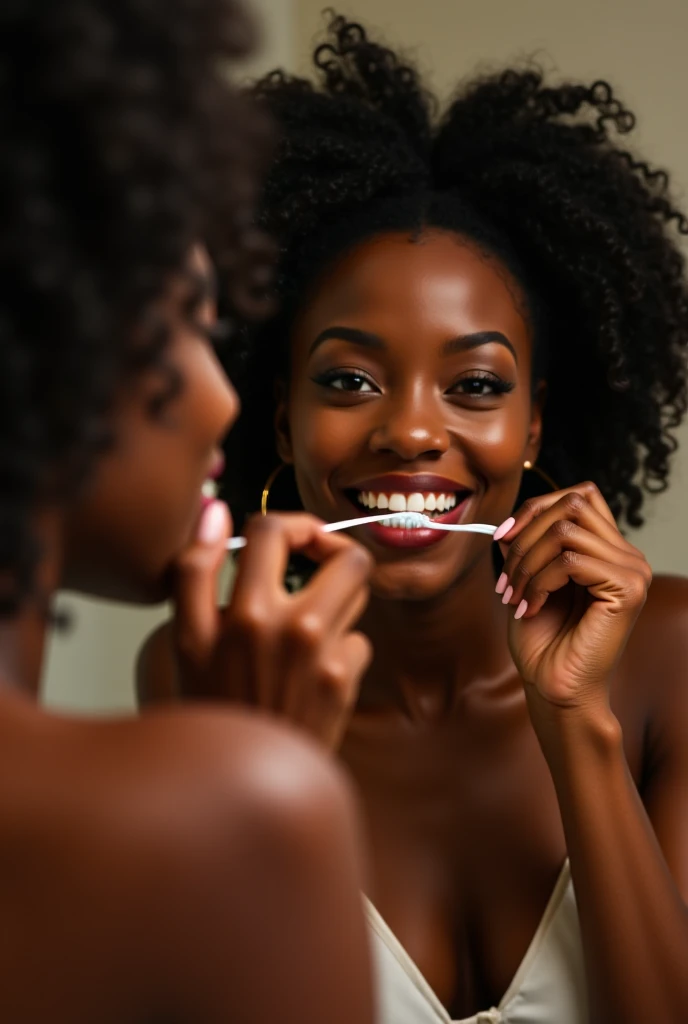 Beautiful black lady flossing her teeth in the mirror 