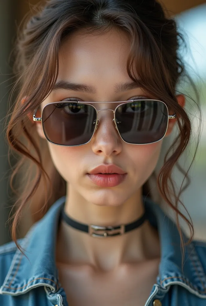 a close up of a woman wearing  sunglasses and a denim jacket, with  sunglasses,  sunglasses를 끼고,   Ultra High Definition Model  ,  sunglasses,  portrait of an elf , 2 0 2 0 fasHion, Steel Choker,  small square glasses , 🤬 🤮 💕 🎀,  photo of a slender female ...