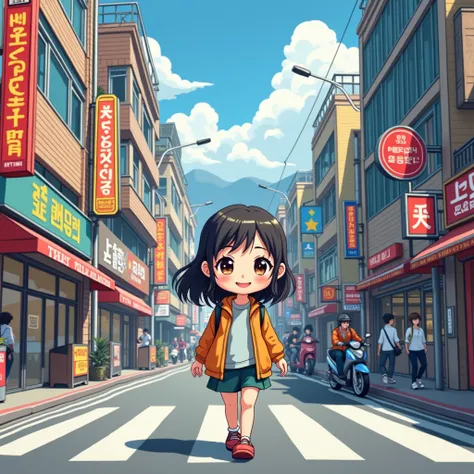 Moe chibi Asian dark-haired woman walking on the street in a Korean city