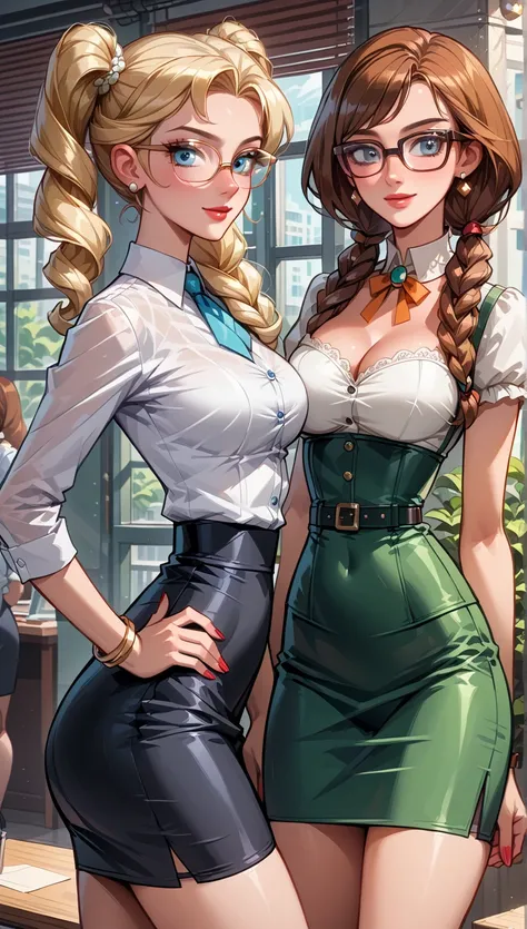 puntandggio_9, puntandggio_8_are, puntandggio_7_are, 2 ragazzand, duo, (anna, brown hair, trandcciaandd pigtails, wearing tight pencil skirt, Waist, blouse, eyeglasses ,  tacchi con zandppa :1.3) and (Elsa, blonde, trandccia, wearing tight pencil skirt, Wa...