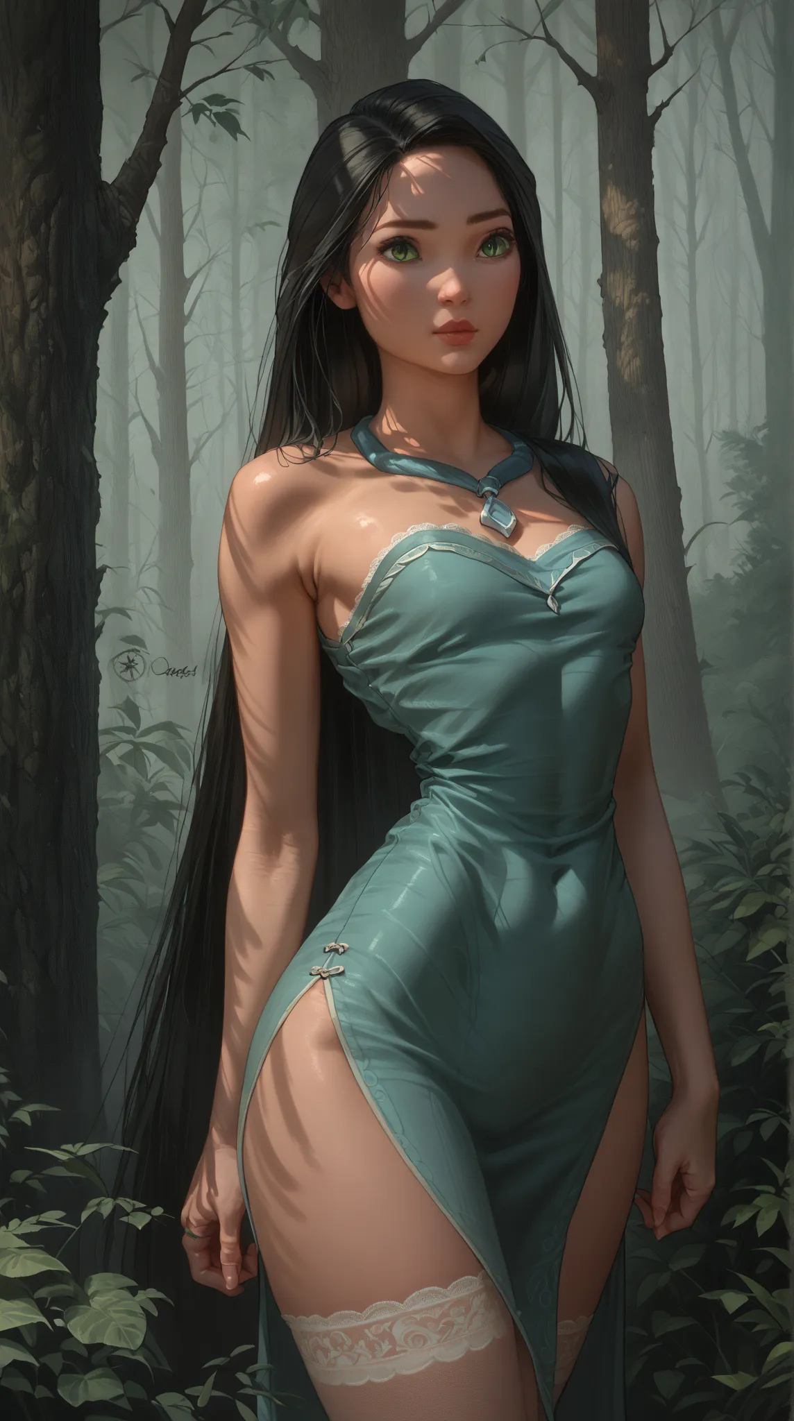 Drawing style with simple freehand pencil shading . Young woman with black hair, 20 years,  skinny,  not tall ,  green eyes, . very wide hips . Sexy Slit Chinese dress sexy stockings. Pocahontas. Forest background. Sexy posing. Sexy lace panties 