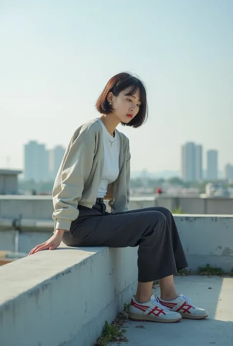 Terrified woman in casual clothes sitting on the railing with her feet on the railing,  Photo inspired by Mayuwon, Unsplash , realism, girl sitting on a rooftop, Casual pose,  sitting on the roof ,  Korean female fashion model,  short hair, 캐주얼 의상을 입은, sit...