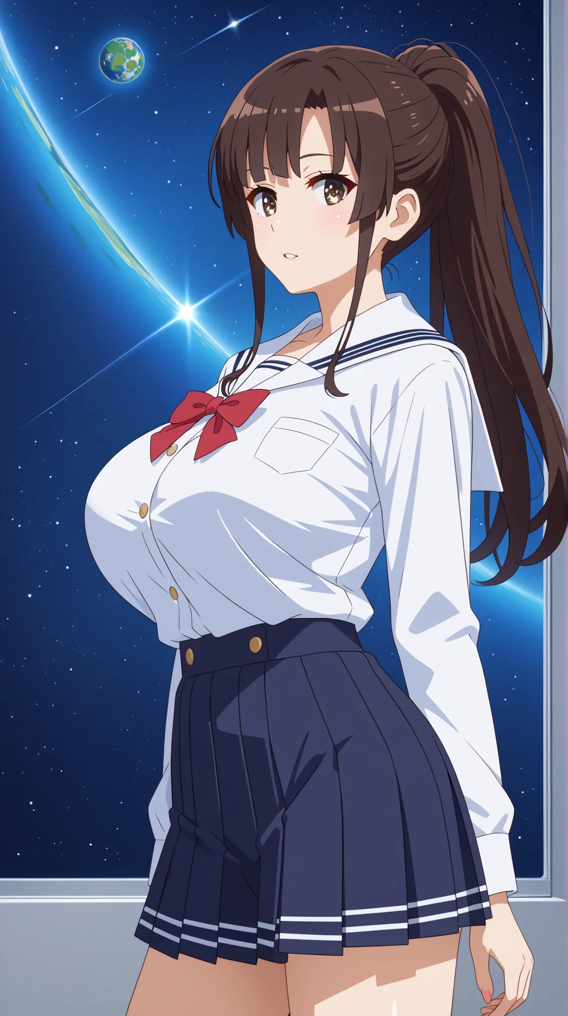 (UHD, retina, masterpiece, accurate, anatomically correct, super detail, high details,   highres, 1080P, 16k、high detail RAW color art:1.3)、 (megumi katou:1.3)、(long hair, ponytail, brown hair, brown eyes:1.3)、(very gigantic breasts:1.5)、(shiny skin:1.3)、(...