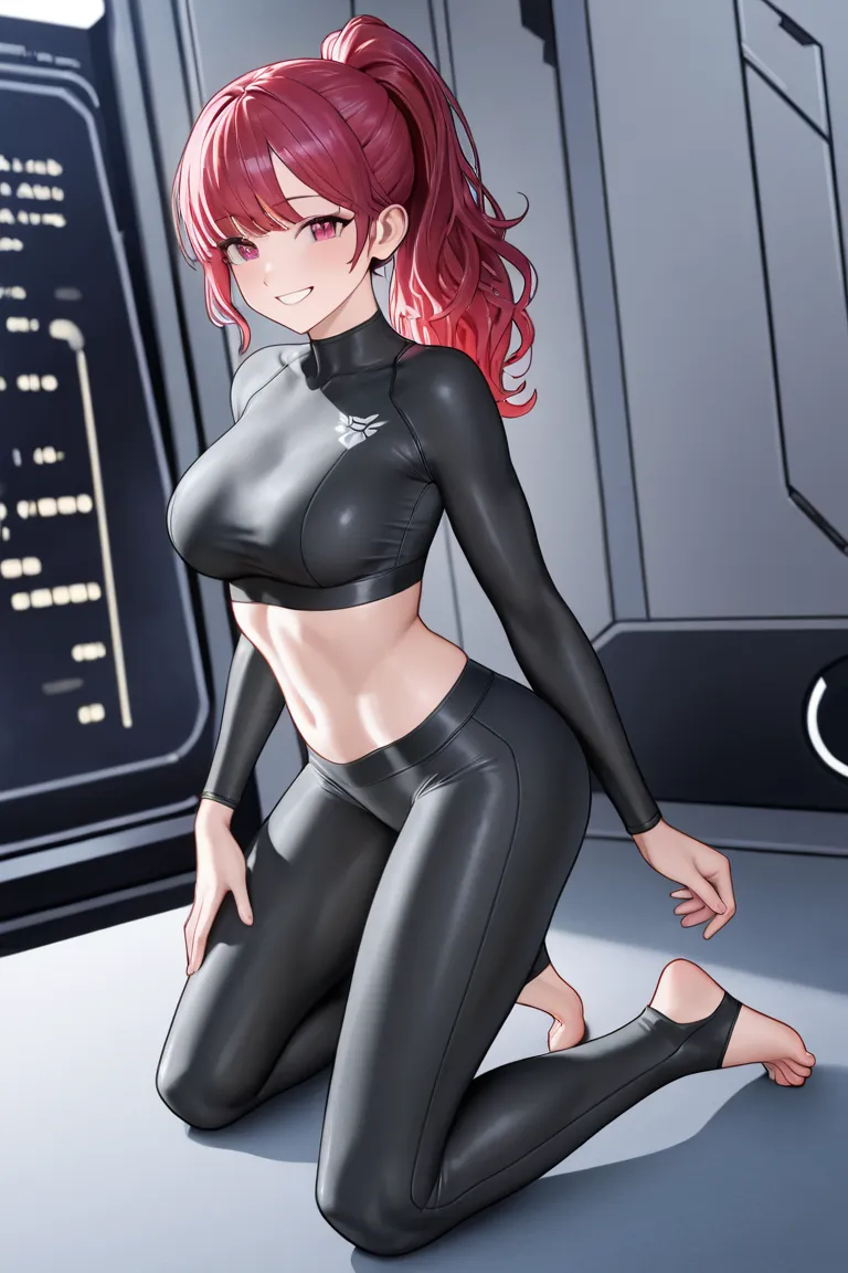 A beautiful barefoot 23 years old happily smiling adult female character,  wearing a futuristic  black skintight sportsbra and black tigt sports shorts,bare legs,  stirrup legwear, short wavy red hair in a ponytail with bangs,beautiful bare feet, kneeling ...