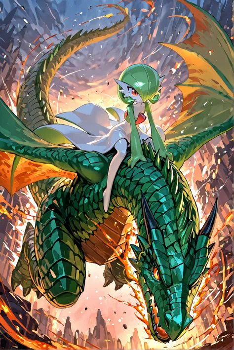  1girl ,\((gardevoir, green_hair, green_skin, hair_over_one_Eye ,masterpiece, is very beautiful,riding on a large wild fire-breathing dragon,

