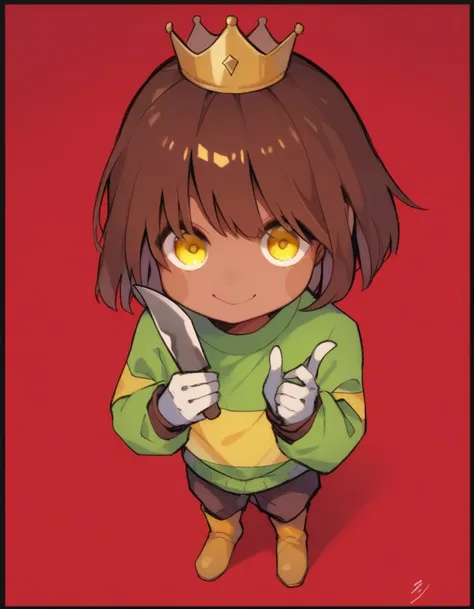 score_9, score_8_above, score_7_above, score_6_above, score_5_above, score_4_above,  chara_undertale,  Brown hair,  kitchen knife in hand,  smile,  dark skin , green and yellow striped shirt,  Yellow Eyes,simple brown boots, brown cheeks in skin color,crow...