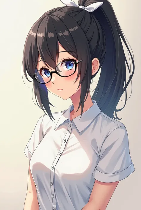 Anime girl sexy black hair wearing glasses for ponytail tie ponytail ponytail hair with white bow wearing white shirt with short sleeves buttoned shirt drawing