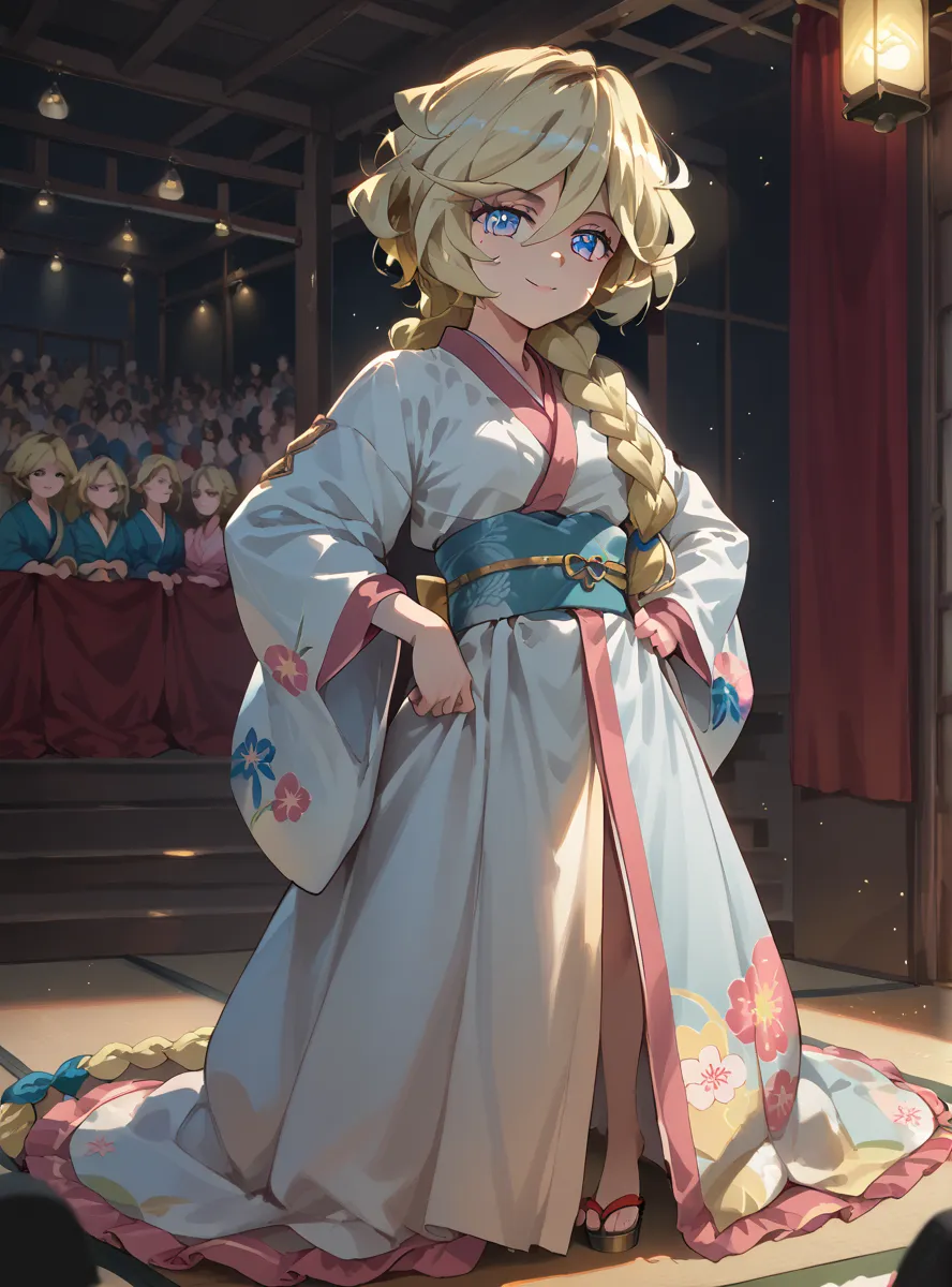 carolcasual, blonde hair, braid, mole, blue eyes, shiny hair, braided ponytail ,Peach Fable Sentence,Stage,Take off your kimono