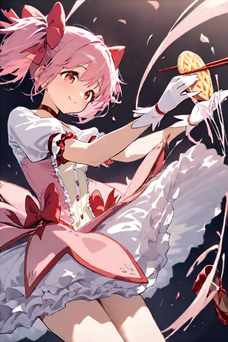 ( top quality,  masterpiece:1.2),  very detailed face holding chopsticks on it,  1 girl,    Kaname Madoka  ,  pink hair,   short twin tails,jumps
Madoka costume,Put your hands together
red shoes,  gloves,   socks,  layered skirt ,   thigh-breaking ruffle s...