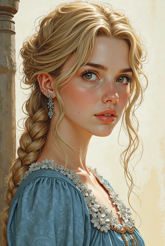 A realistic medieval fantasy portrait of an 18 year old girl. She is slender. He has golden brown eyes, lively and bright, dark blond hair, long and elegantly braided. White skin. He wears a long dress with a refined cut – Sky blue, 
Colors are natural and...