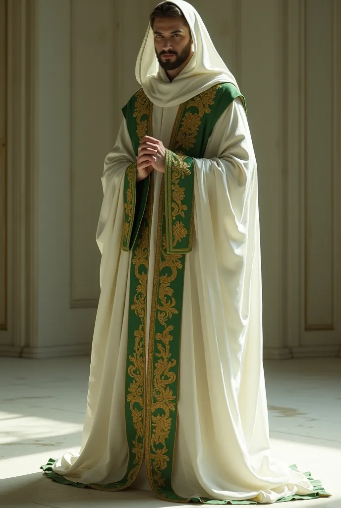 Can you create me a Marian Brotherhood toga by introducing white and green gold for men and women