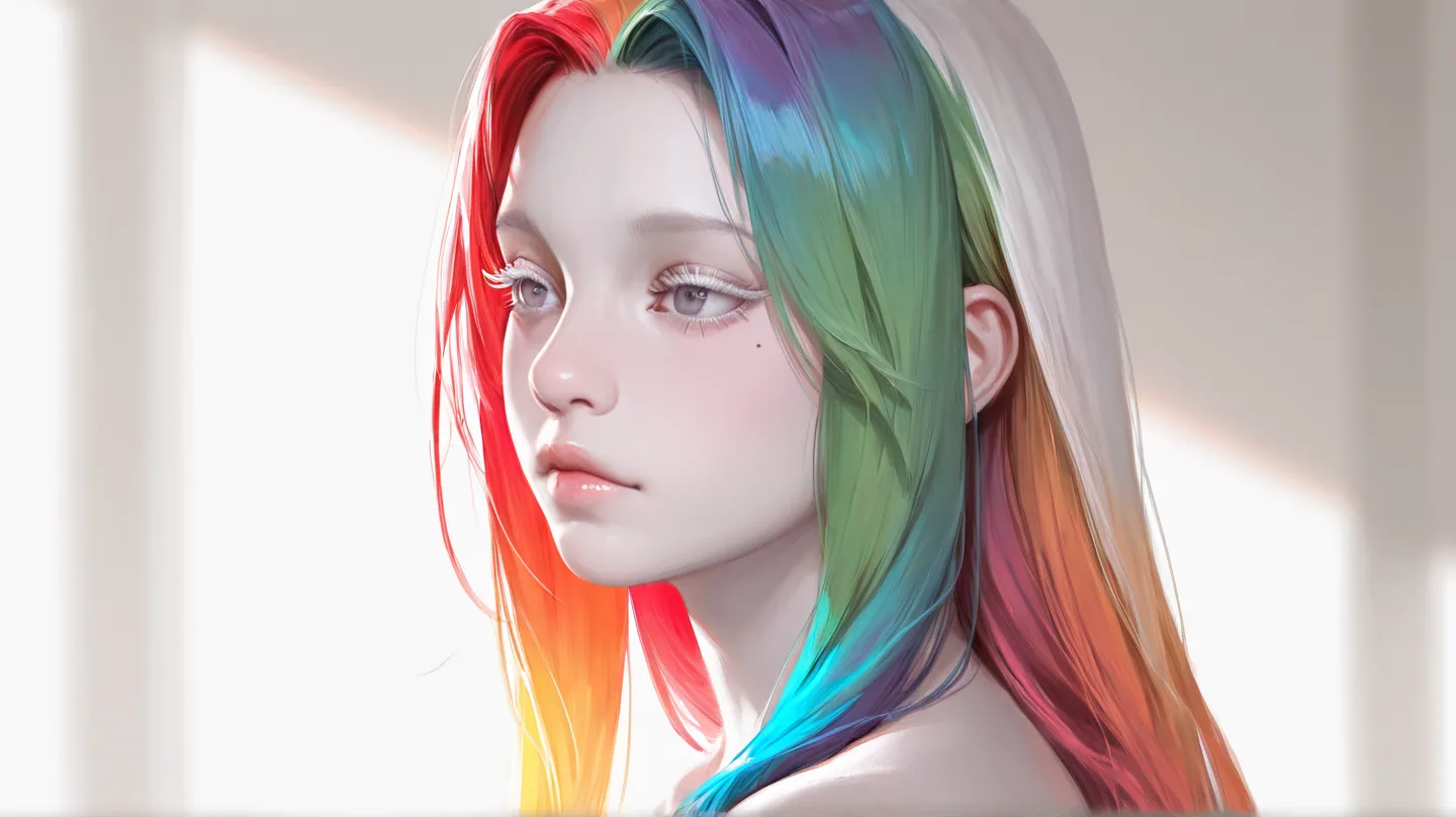  masterpiece, 最high quality, high quality, very aesthetic,    latest, 1 girl, Alone, longhair,  frame rainbow color hair,  long hair, White eyelashes, plump lips ,small mole under eye, PALE SKIN,  Portrait, nose, realistic, Cinematic Lighting,  white back ...