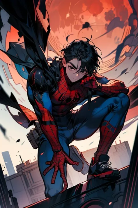 1 male,  active , Spider-Man pose, black hair,Disheveled posture,disheveled hair, Black eyes twinkle from bottom to top close-up, Illustration of a bowing body, Above a tall building on a dark night, red moon, short jumper, long sneakers, 