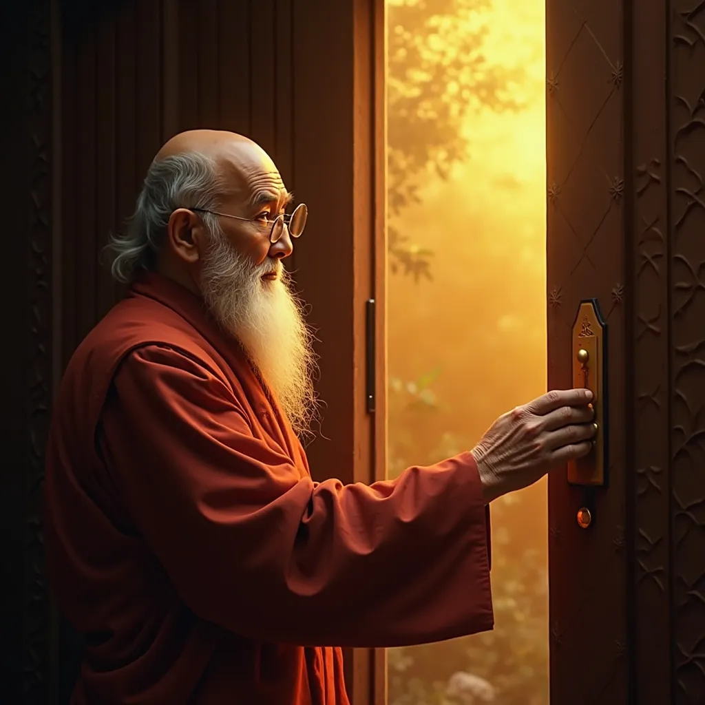 MAKE AN IMAGE OF AN ELDERLY, BEARDED MONK IN TRADITIONAL CLOTHES AND A hand opening the door, symbolizing openness to prosperity. With golden light effect coming from the door. MAKE IT REALISTIC