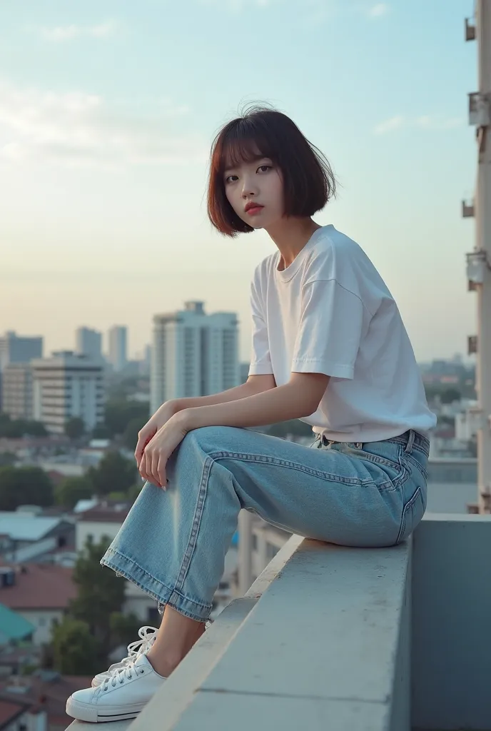 Terrified woman in casual clothes sitting on the railing with her feet on the railing,  Photo inspired by Mayuwon, Unsplash , realism, girl sitting on a rooftop, Casual pose,  sitting on the roof ,  Korean female fashion model,  short hair, 캐주얼 의상을 입은, sit...