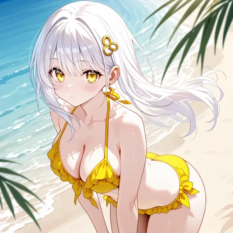 Yellow bikini, beach, koneko toujou, short hair, hair ornament, yellow eyes, white hair, Back to viewer, ass, (huge ass:1.0), (blush), 8k masterpiece, (1girl, solo), 