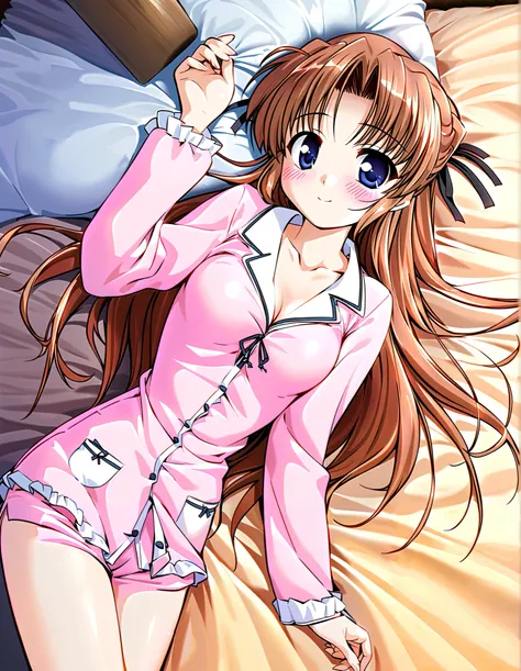 one girl, Alone, takamizawa natsuki, (cowboy shot), brown hair, blue eyes, long hair, small breasts, cleavage, (smile), (I'm fascinated), (shy), (blush), (Sexy pajamas), (sleepy:1.2), (lying), (bedroom)  score_9,  score_8_superior,  score_7_superior,  sour...