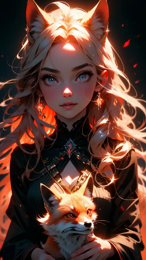 close up, beautiful young girl, red long hair, black eyes, red fox in the hands, girl holding red fox, 8k, high detailed, high realism, dark fantasy art