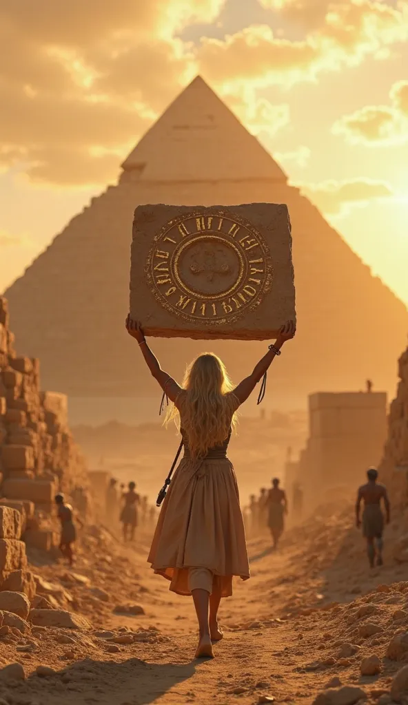 A hyperrealistic image of a powerful blonde woman, carrying a massive, intricately carved stone block, at a massive pyramid construction site in a desert setting at sunset. The woman is wearing a simple, earthy-toned dress. Many small figures of workers ar...