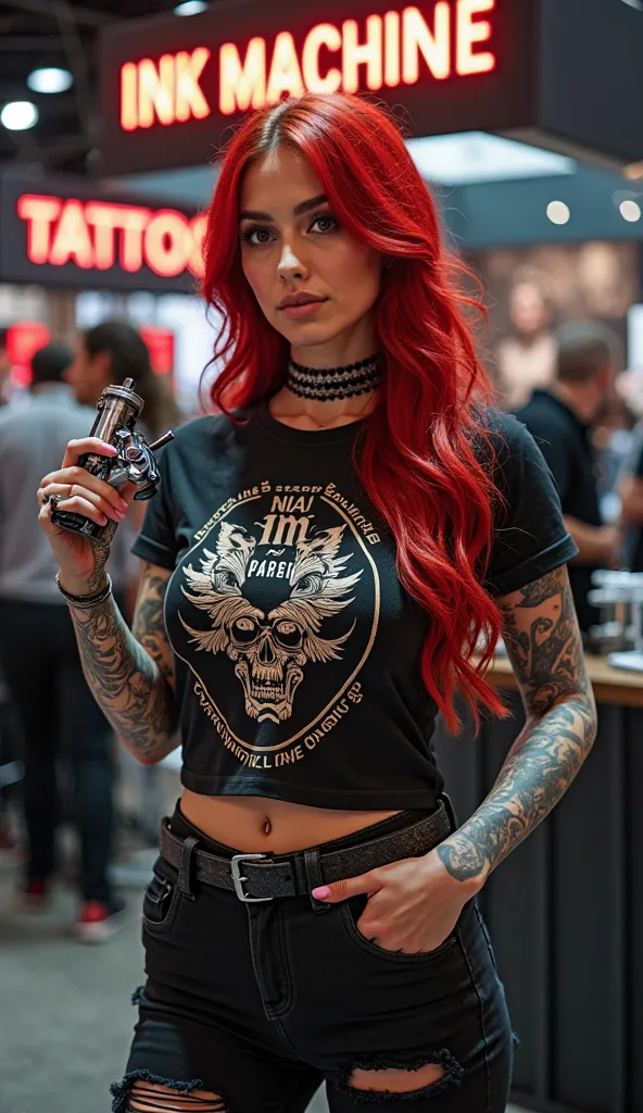 A confident and daring woman, with long and vibrant red hair, holds a professional and realistic INK MACHINE tattoo machine in her hand. The machine has a modern design, with shiny metal details and premium finishes, clearly identifiable as a high-quality ...