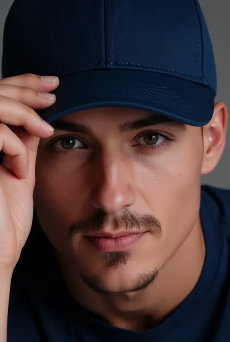 A boy with a thin beard, Slight smile, looking forward wearing a dark blue baseball cap, Your hand is gripping the tip of the cap, Clear studio lighting, Dramatic lighting light, bright lighting, Magazine advertisement image, The boy has his head down 