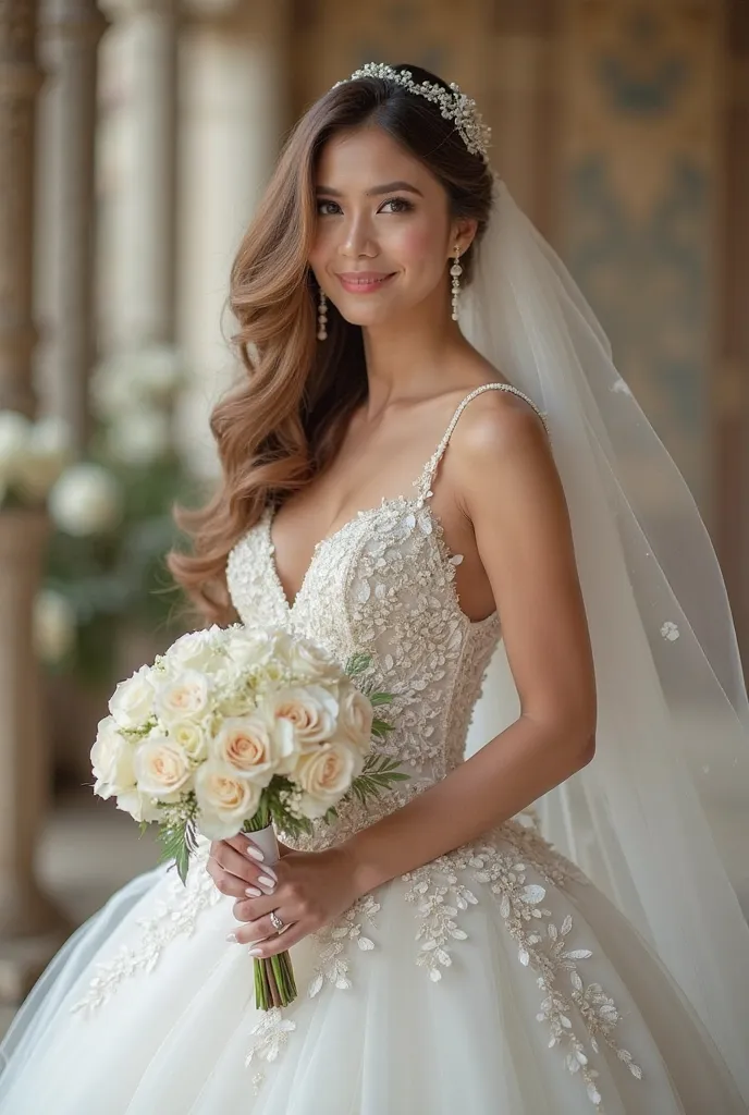 ( of the highest quality, masterpiece:1.2), (really:1.3),, (ultra- detailed background,  detailed background), Bouquet ,, , gorgeous party dresses, Luxurious evening dresses,  wedding dress , Wedding veil , wedding, hanging bride bouquet,, upper body,, wed...