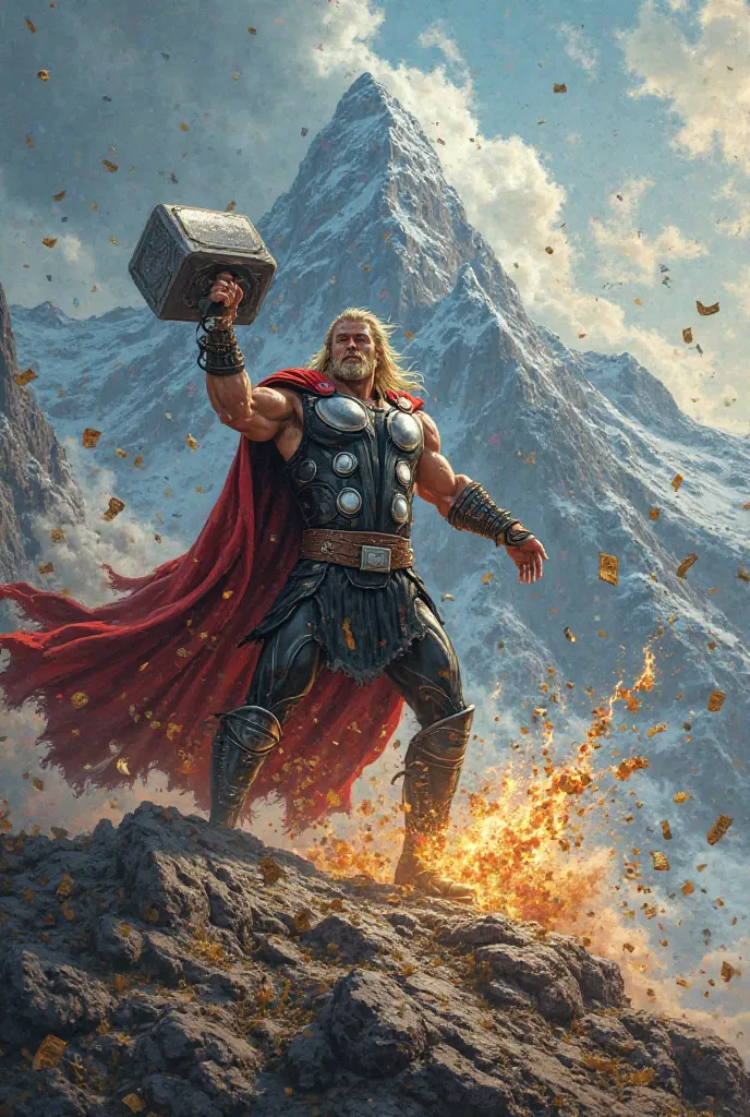 Small  Thor the god of thunder and lightning with his hamer he hits a mountain and alot of dollars flying around him 