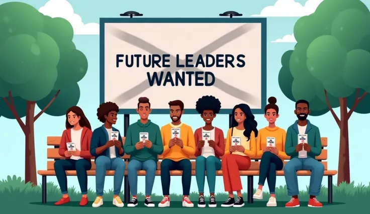 "A group of diverse young adults sitting on a park bench, looking at their phones with ‘No Jobs Found’ notifications. Behind them, a billboard reads ‘Future Leaders Wanted’ but is crossed out. Palette: Bright greens and blues with a somber gray overlay."