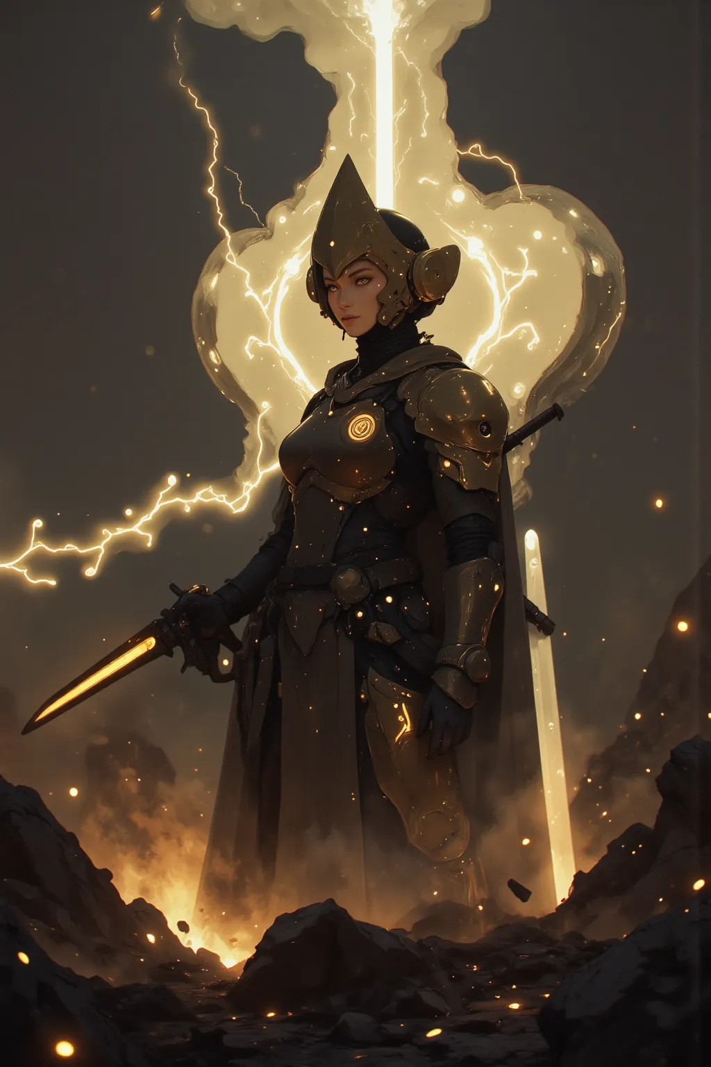  samurai、 Suetsu、A cybernetic female cosmic  samurai、[Hero's Landing]: A mighty hero descends from the stormy sky, landing with a thunderous impact. [Golden light radiates from their metal armor], [lightning arcs through storm clouds above], creating [dyna...