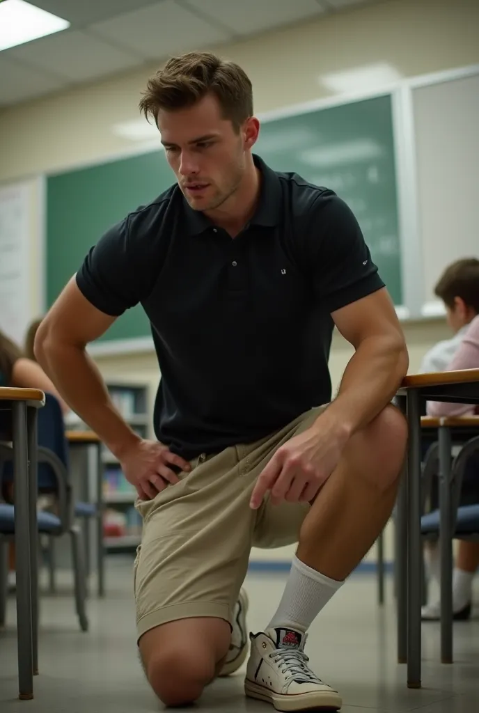 he looks like he's wearing a black polo shirt, beige shorts, high socks, and sneakers、quite tall and muscular、handsome young male teacher、Looking like he's kneeling in the classroom、blushing and breathing violently、Super realistic images of them getting sw...