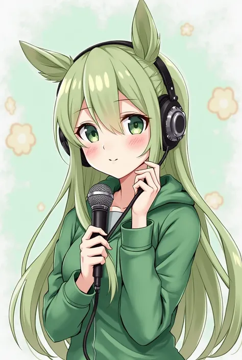 . A cartoon of a girl with headphones and a microphone, is an anime drawing inspired by Luigi Casimir, with.pixiv,  What is this? , . The art style of the Rune Factory 5, holding a cold posture, The fact of the matter is, Stylized anime , Adopted personali...