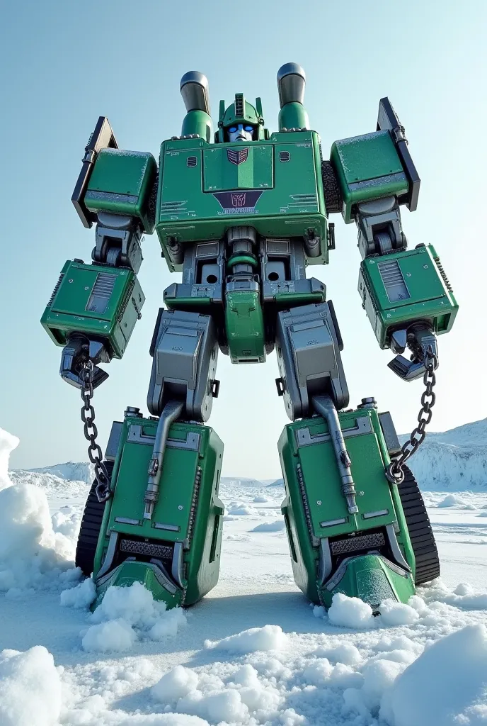 The icebreaker Arctic Sunrise - Transformer features a massive, green-white ship with steel-gray accents, The thick pack ice breaks through and is transformed into a transformer. The hull of the ship transforms into a humanoid figure in Transformer mode, w...