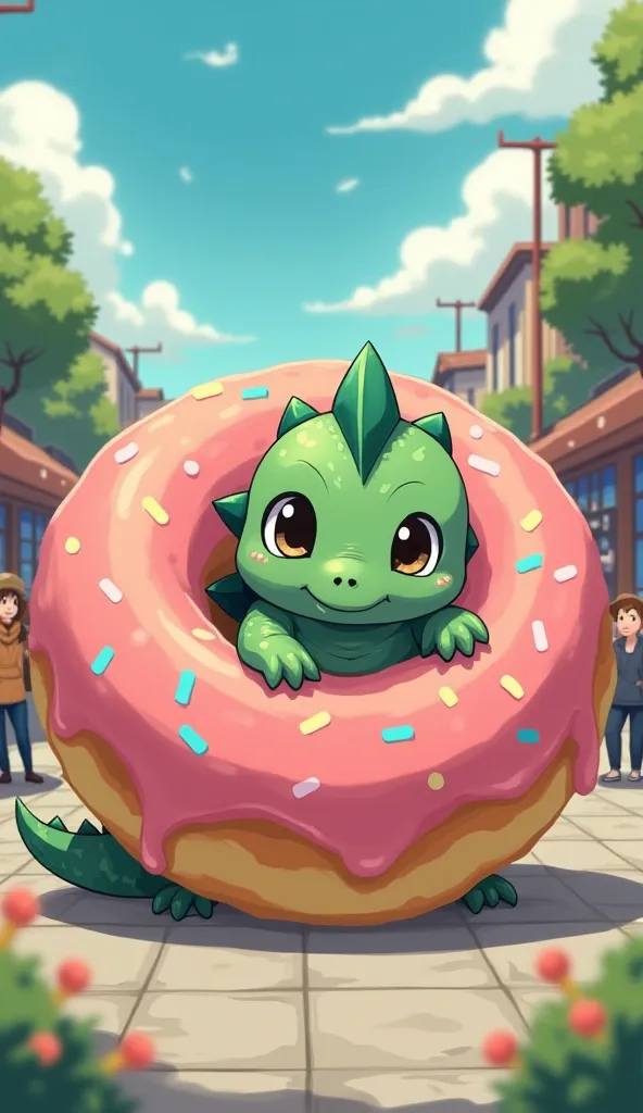 Create an anime cartoon of Baby Godzilla inside a donut